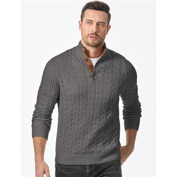 NEW Men's Cable Knit Pullover Sweater Casual Long Sleeve Stand Collar - Picture 4 of 6